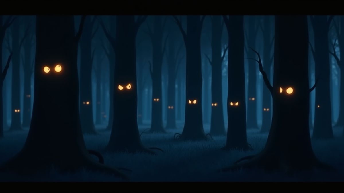 Un bosque oscuro con ojos brillantes asomando entre los árboles.
