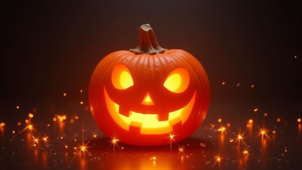 Calabaza brillante rodeada de efectos de luz resplandecientes.