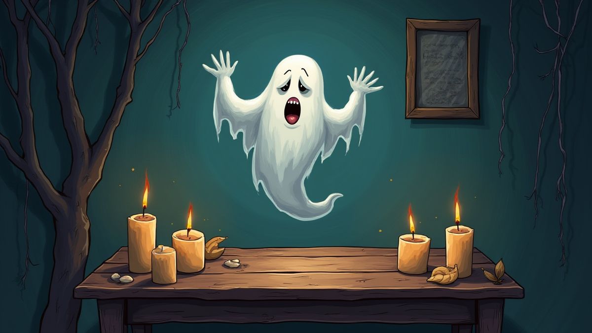 Fantasma flotando sobre una mesa de madera antigua con velas y telarañas.