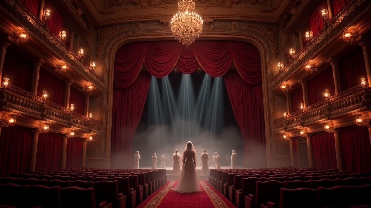 Interior of an elegant opera house with ghosts.