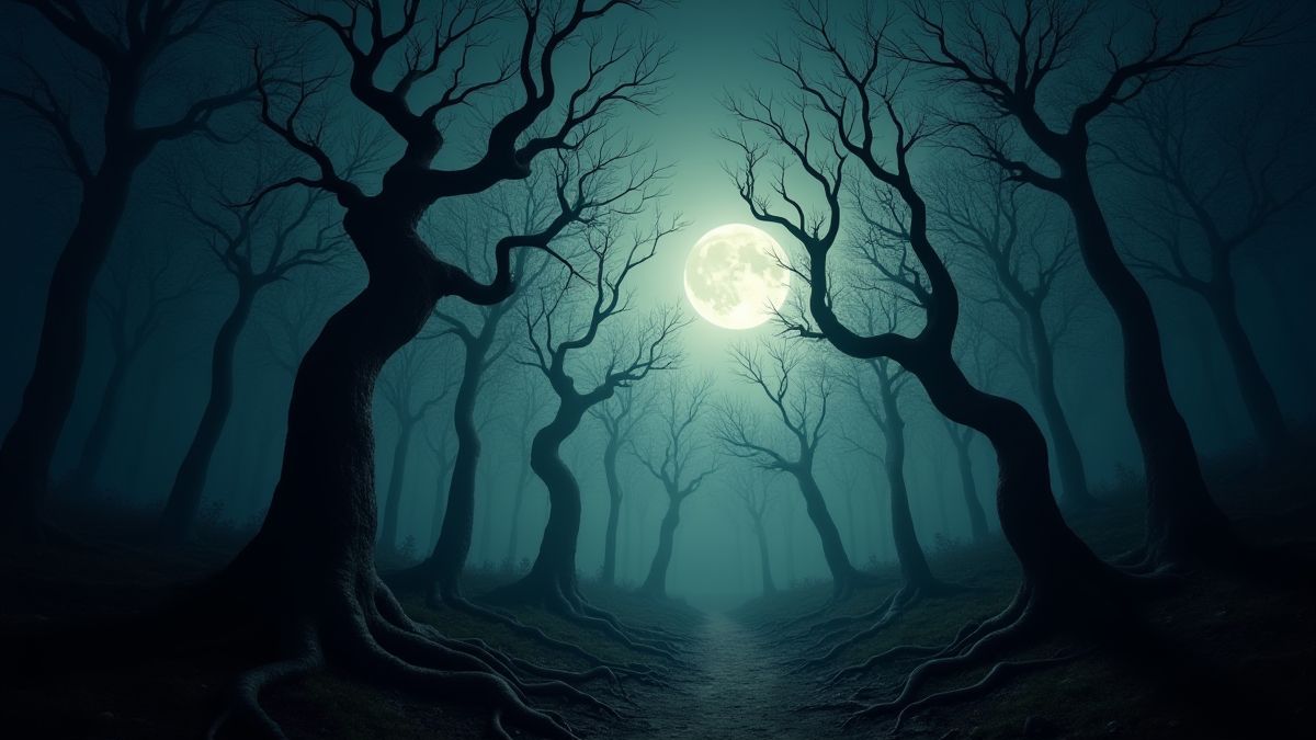 Uma lua brilhante iluminando uma floresta assustadora com árvores retorcidas.