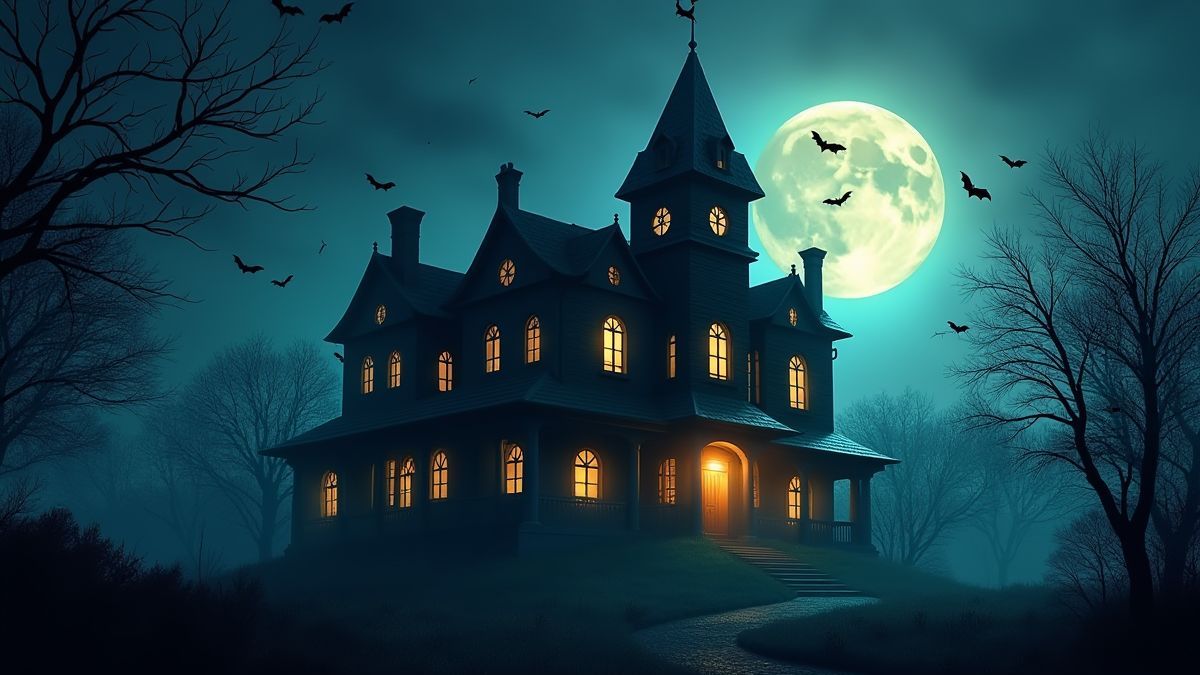 Verfluchte Villa mit leuchtenden Fenstern und umherfliegenden Fledermäusen.