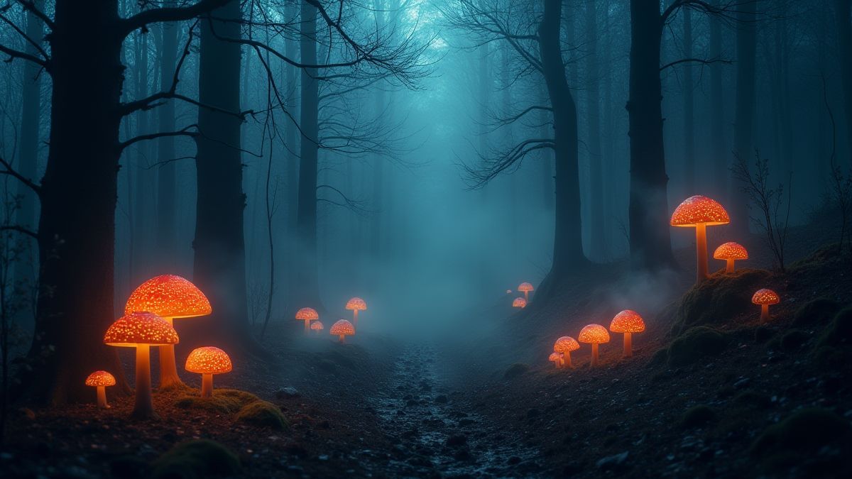 Gruseliger Wald mit leuchtenden Pilzen und unheimlichem Nebel.