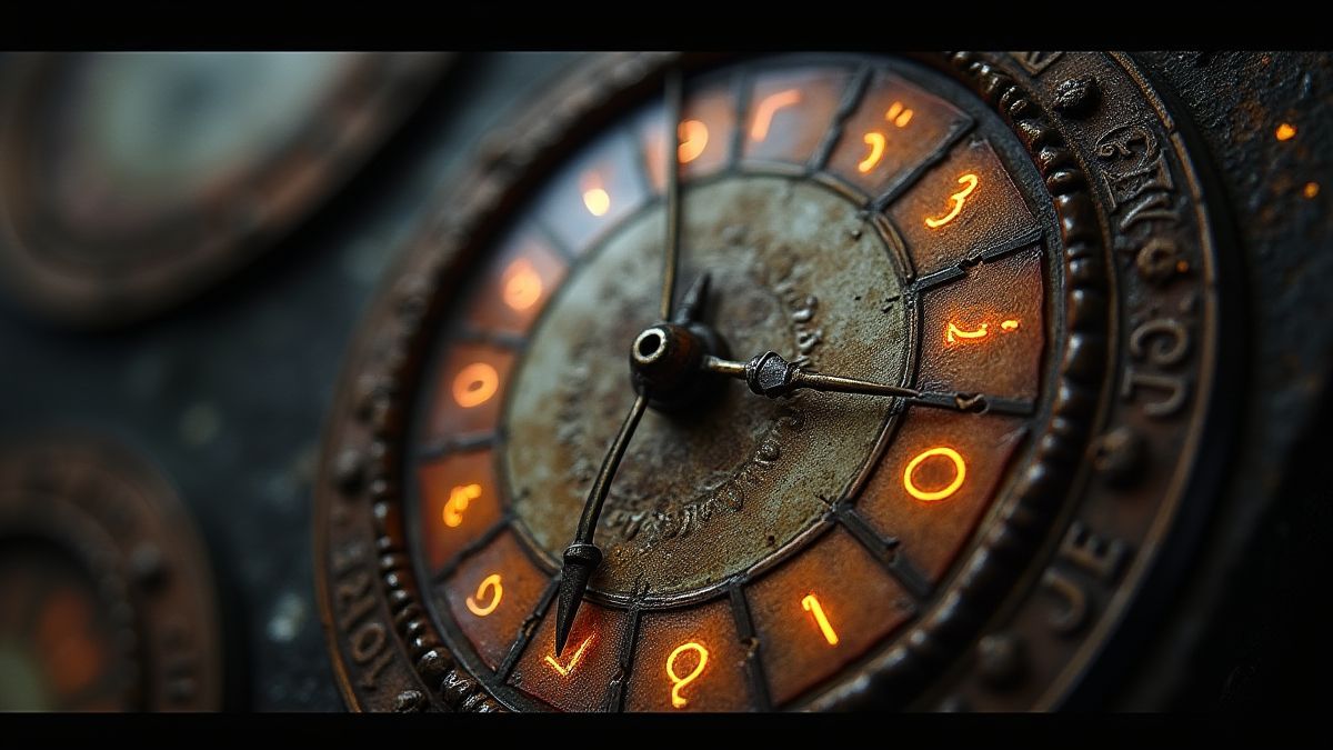 Ancient clock with glowing numbers and mysterious engravings