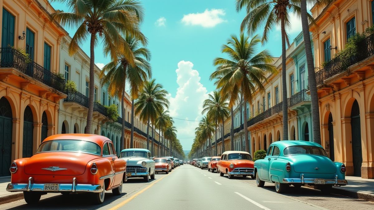 Una calle tropical con palmeras y coches clásicos.