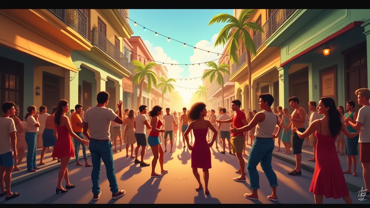 Fiesta callejera cubana animada con música y baile.