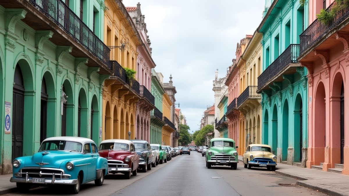 Kleurrijke straat van Havana met koloniale gebouwen en klassieke auto’s.