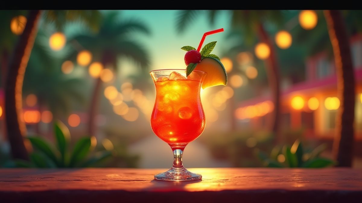 Geanimeerde tropische cocktail met een Cubaanse achtergrond, inclusief palmbomen en levendige lichten.