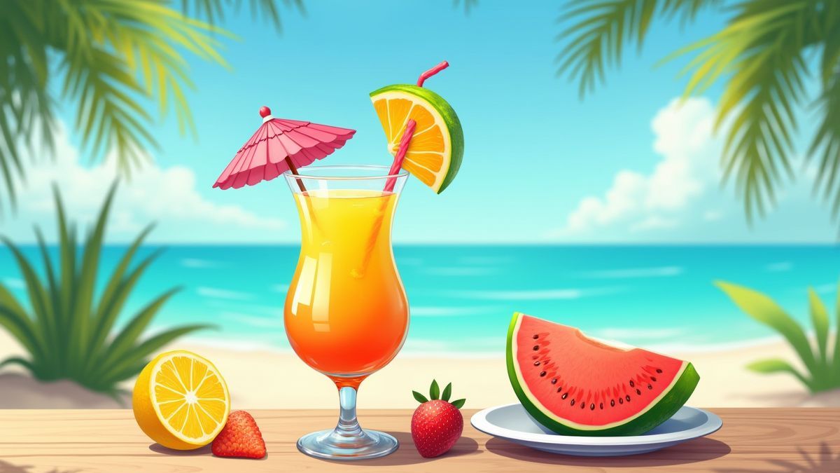 Colorful tropical cocktail with fruits and umbrella