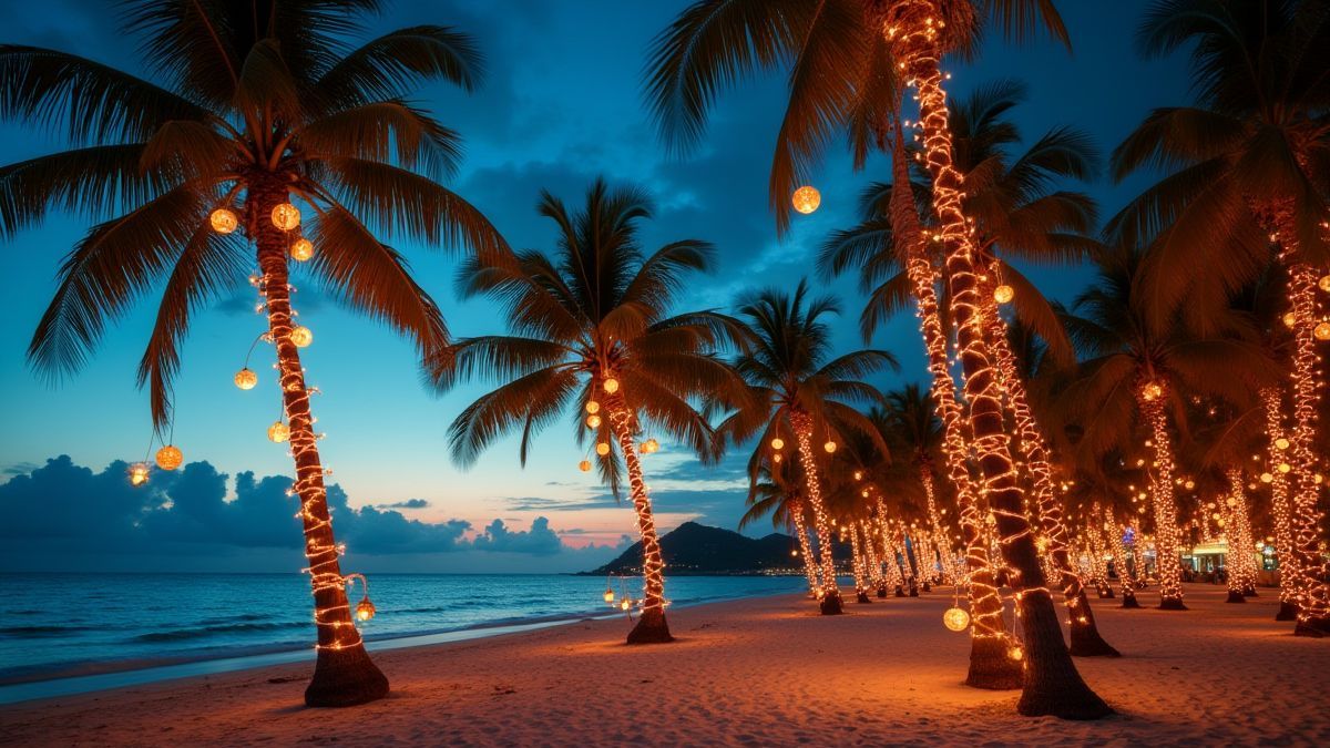 Praia tropical decorada com luzes natalinas e adornos festivos.