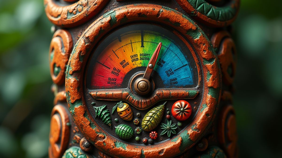 Medidor tiki cheio de símbolos tropicais vibrantes.