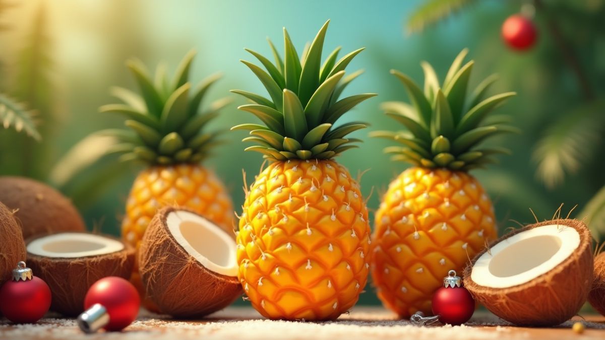 Frutas tropicais e adornos natalinos animados.