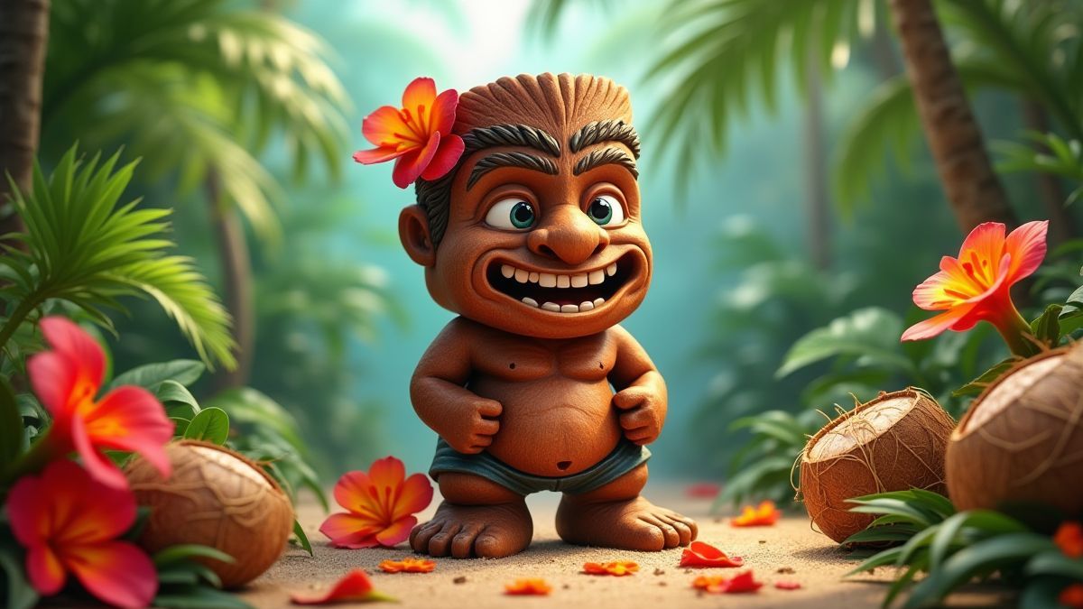 Estatua tiki rodeada de flores tropicales y cocos.