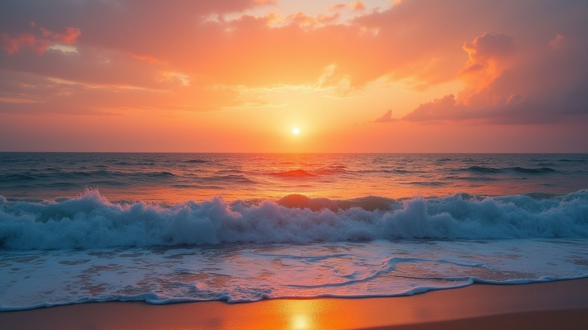 Vista de un atardecer sobre el océano con olas suaves en la playa.