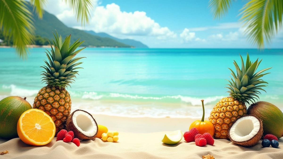 Hawaiianischer Strand mit tropischen Früchten wie Ananas und Kokosnüssen.