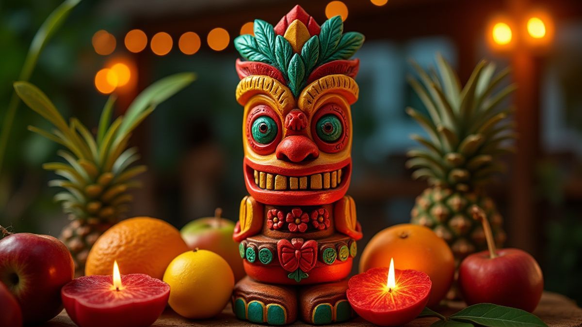 Tiki-Statue umgeben von tropischen Früchten und leuchtenden Lichtern.