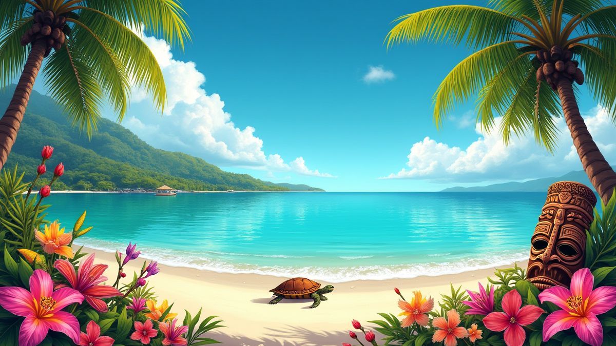 Playa tropical con flores coloridas, tortugas y máscaras tiki.