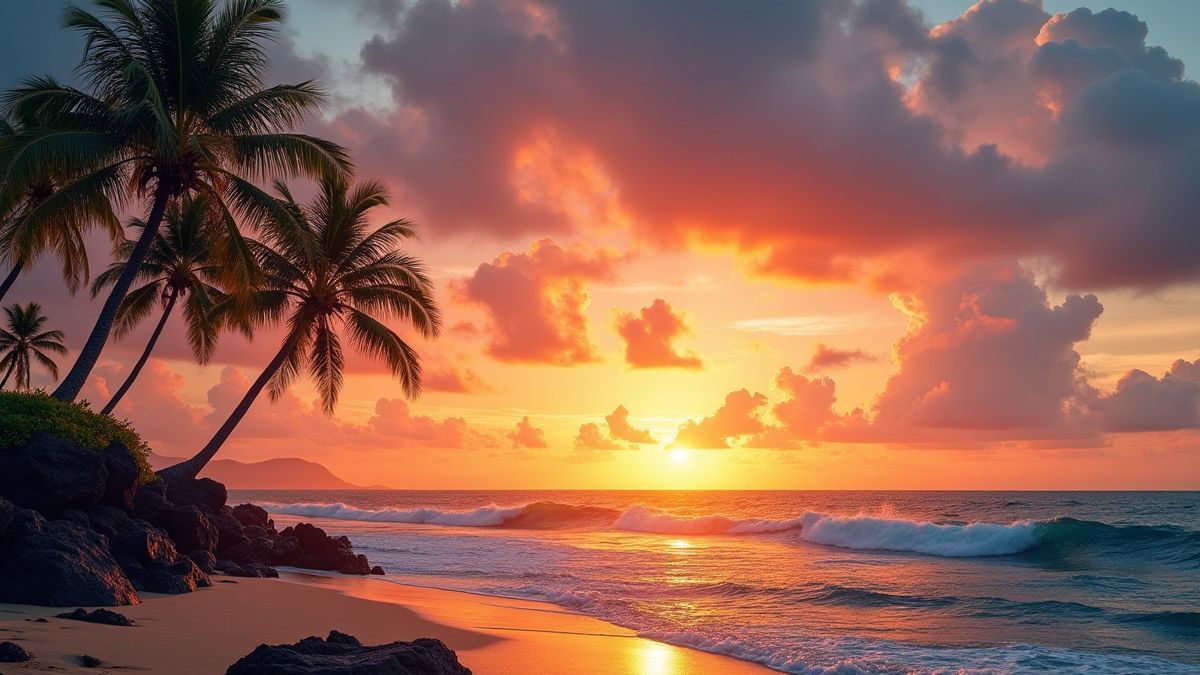 Atardecer hawaiano con palmeras y olas del océano.