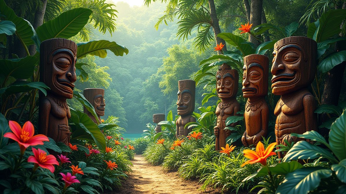 Selva hawaiana con estatuas tiki y flores coloridas.