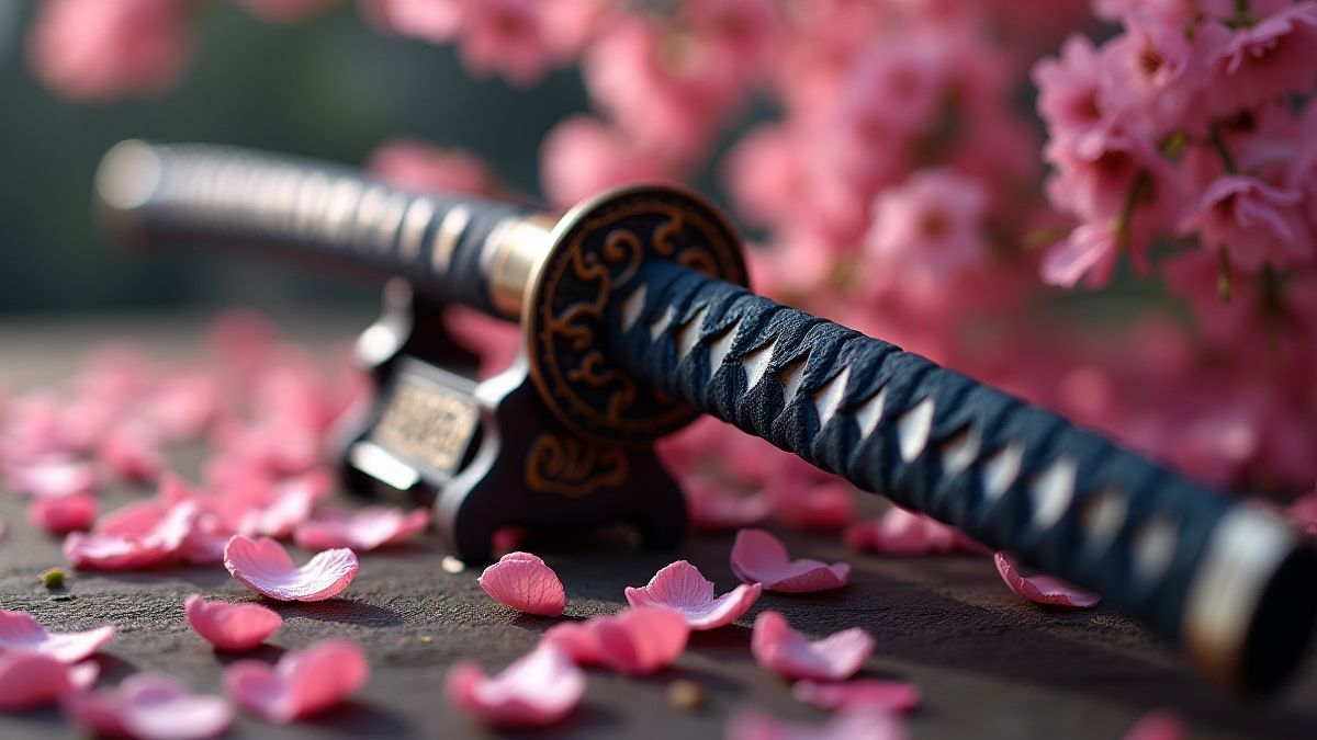Ein Samurai-Schwert auf einem dekorativen Ständer, umgeben von Kirschblütenblättern.