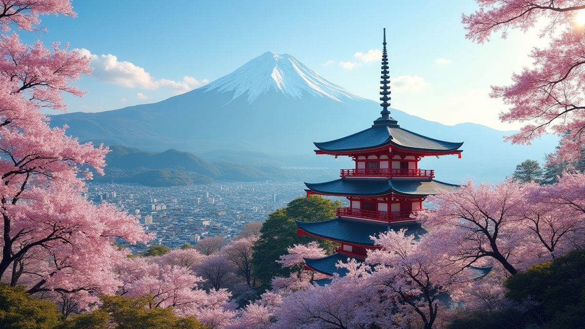 Ein japanischer Tempel umgeben von Bergen und Kirschbäumen.