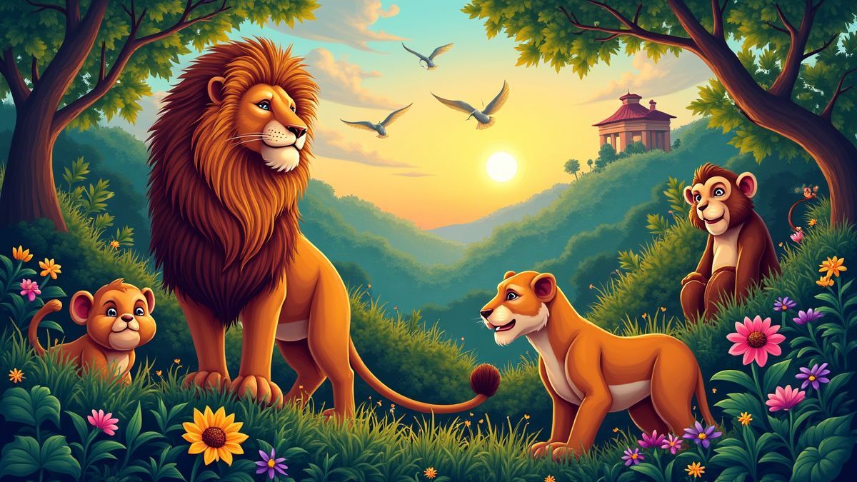 Selva africana animada com animais e vegetação.