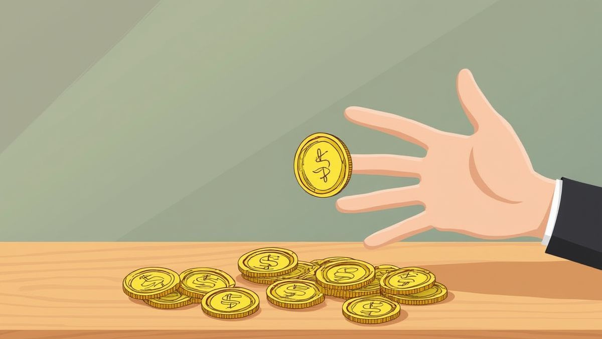 Mesa de madera con monedas y una mano lanzando una moneda al aire.