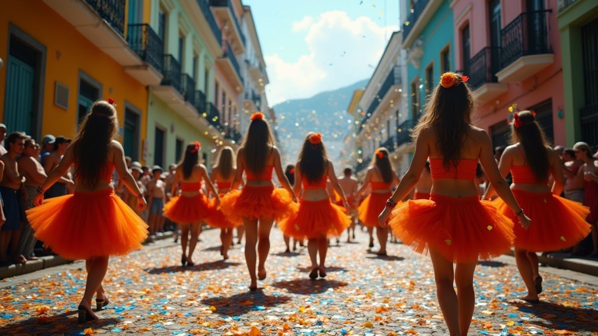 Calle animada de Ríode Janeiro com bailarines e confete.