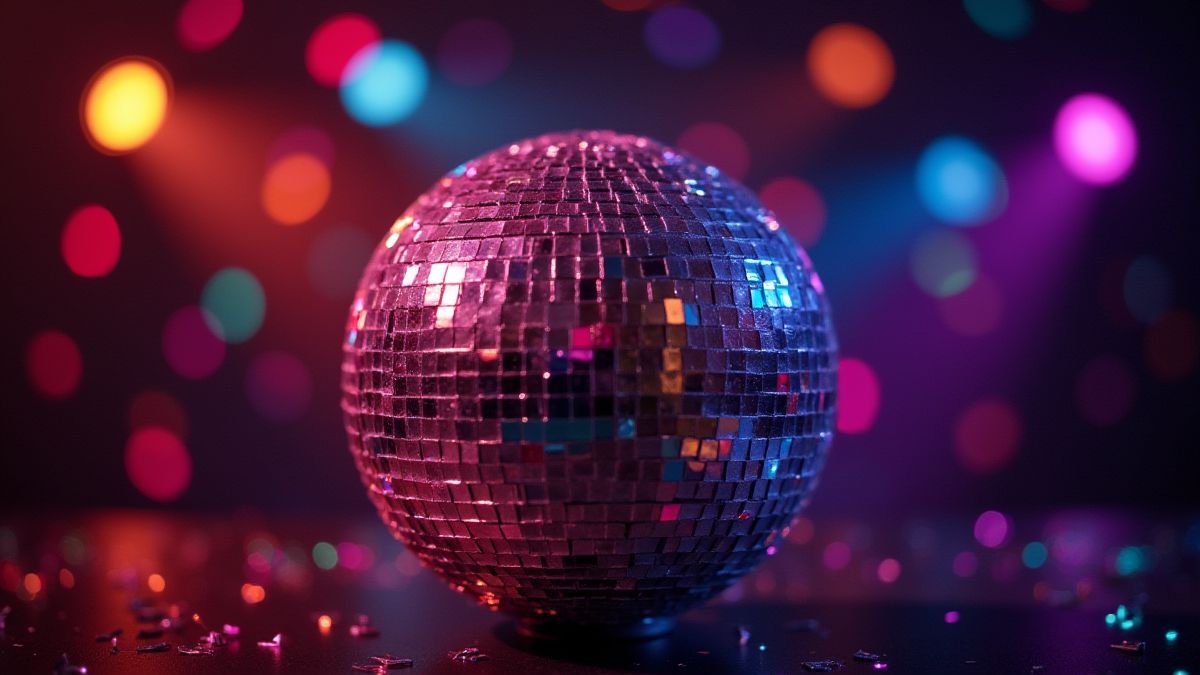 Bola de disco brilhante sob luzes coloridas.