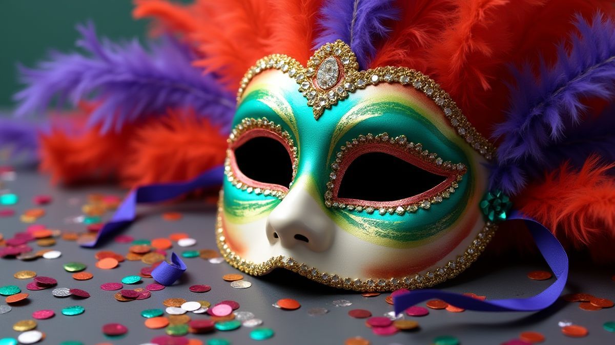 Máscara de carnaval rodeada de confete e penas.