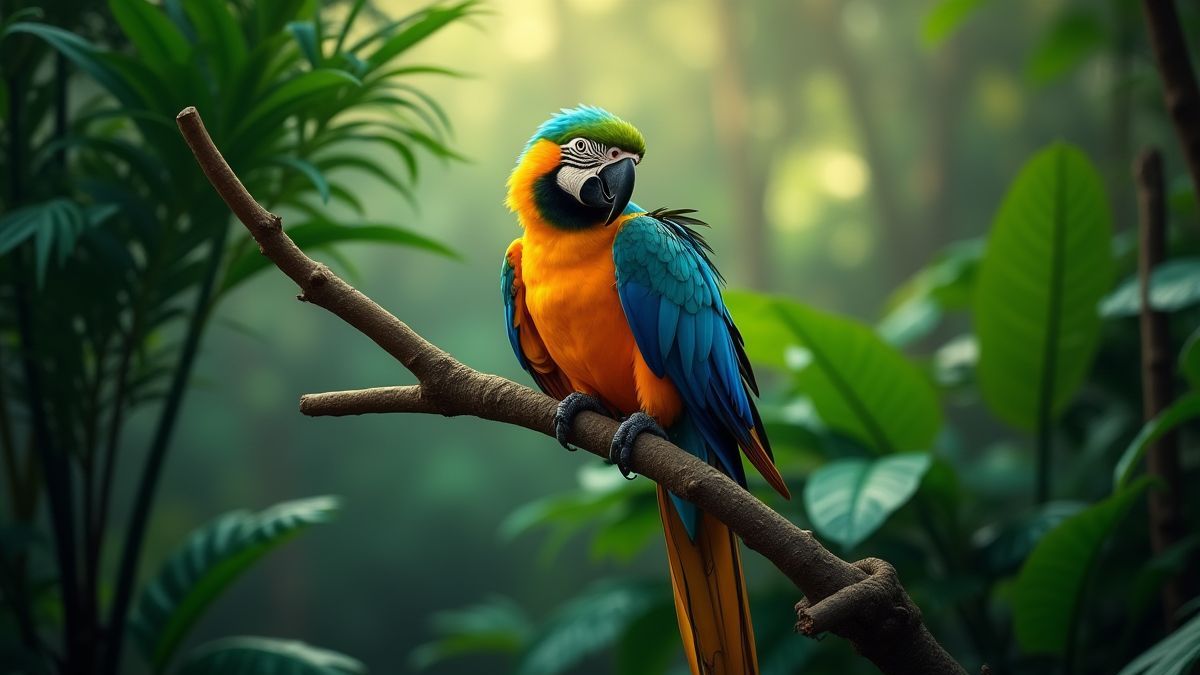 Un loro colorido posado en una rama en medio de la jungla.