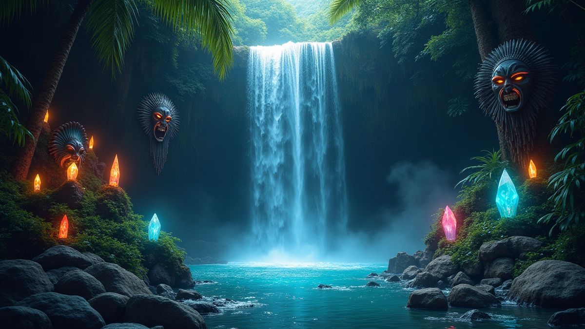 Una cascada mística en la jungla rodeada de cristales brillantes y máscaras tribales.