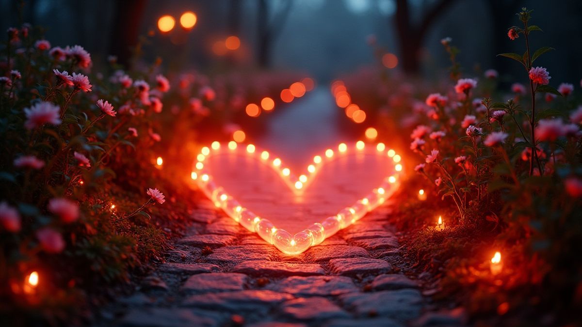A pathway shaped like a heart surrounded by flowers.