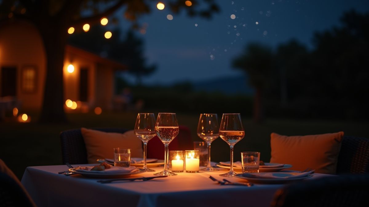 A romantic outdoor dinner with candles and wine.