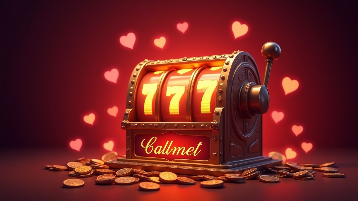 Eine leuchtende Spielautomaten umgeben von Münzen und Herzen.