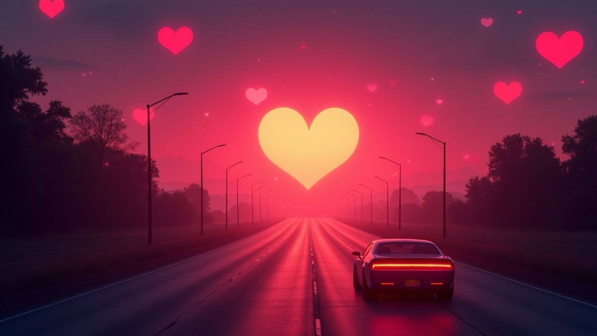 Een romantische weg bij zonsondergang met neonverlichte auto's en stralende harten.