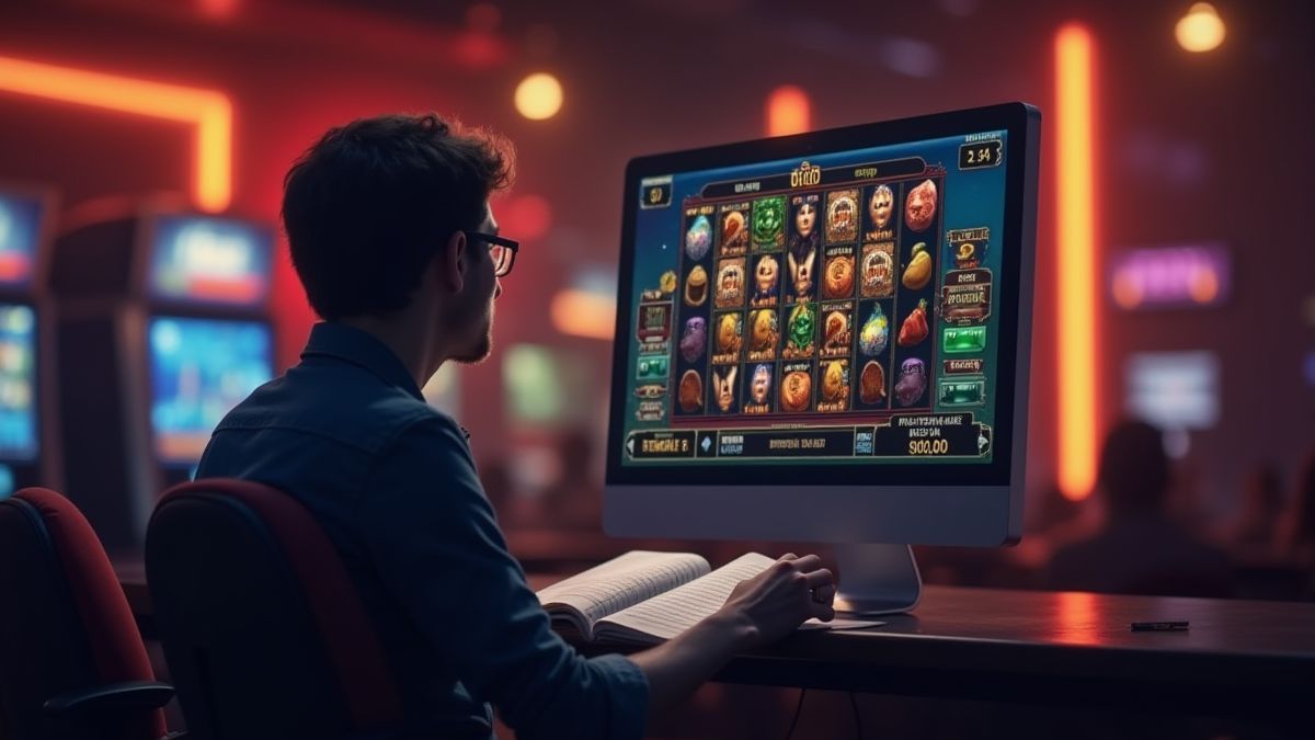 Een speler die plant met een notitieboek terwijl hij speelt op een stralend slot scherm.