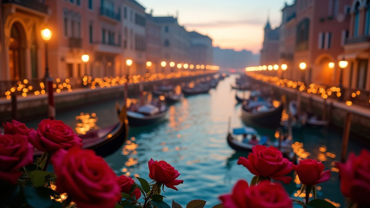 Vue scénique de Venise avec gondoles et ambiance romantique.
