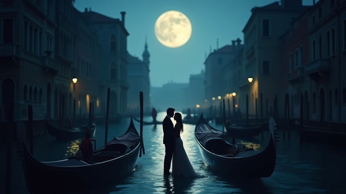 Couple romantique dans un canal vénitien sous la lumière de la lune.