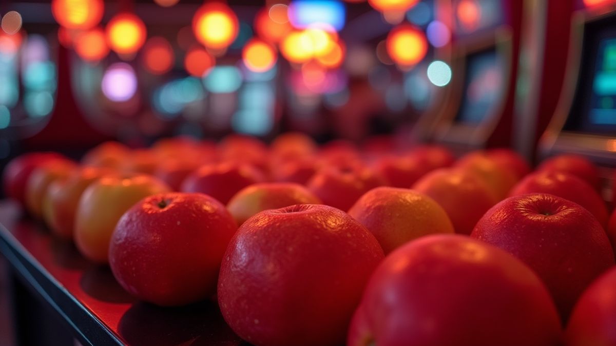 Frutas tradicionales brillantes en un ambiente de casino.