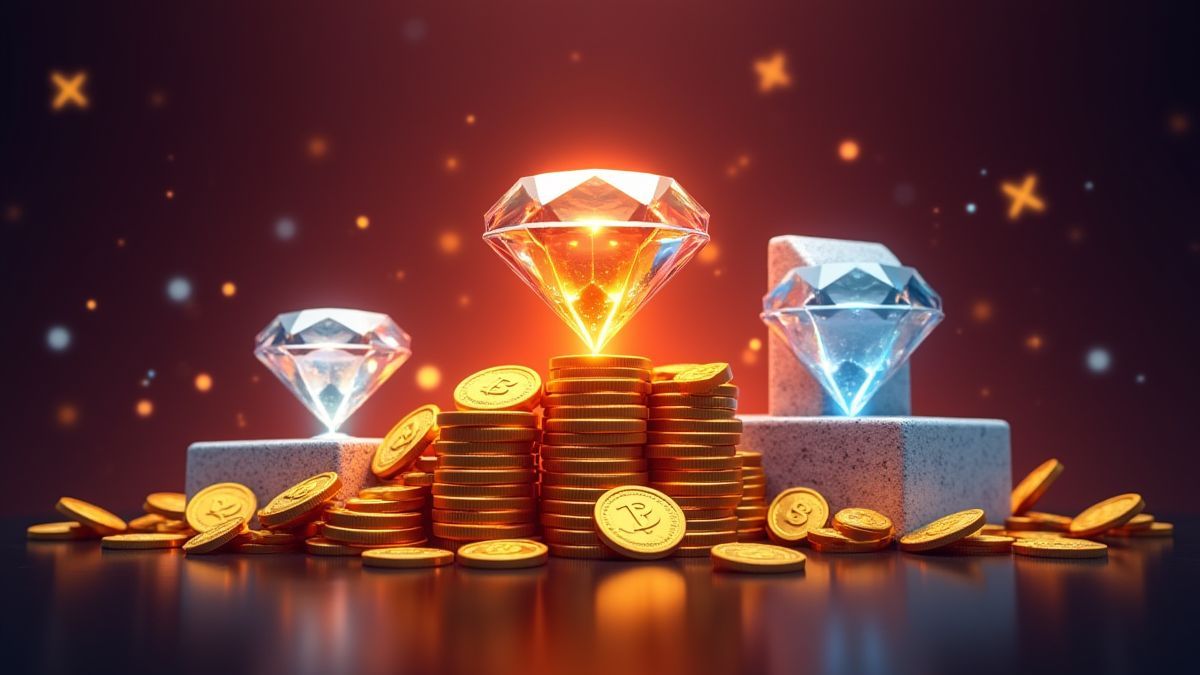 Diamante, moneda de oro y barras de platino brillando bajo las luces del casino.