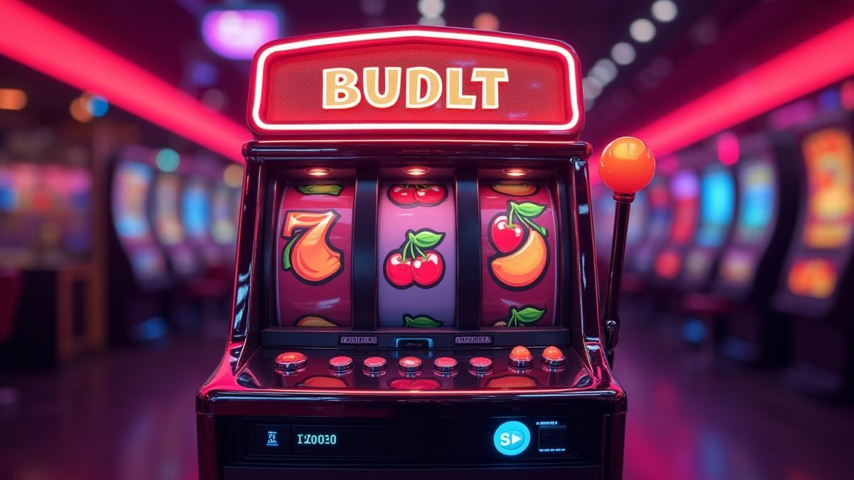 Fruitautomaat met fruitthema en neonlichten.