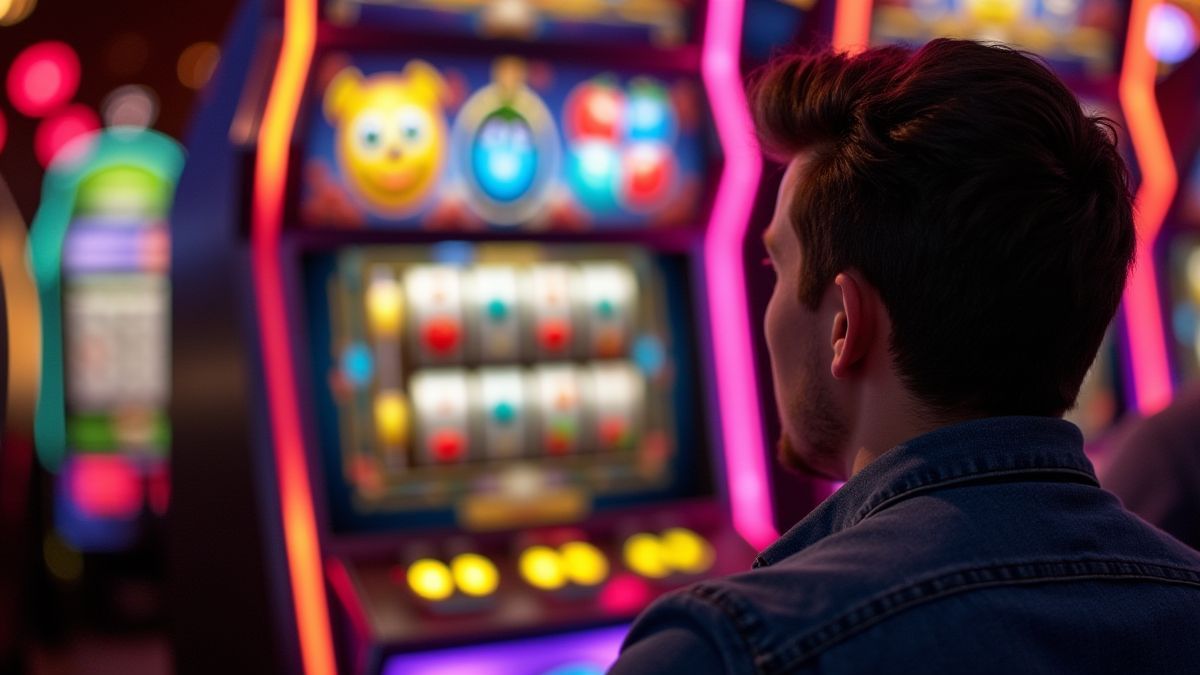 Speler genietend van een retro slot met levendige kleuren en fruit.