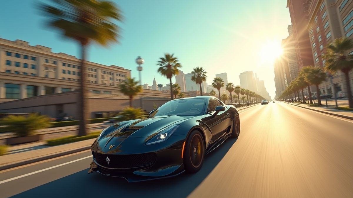 Sunny city with a sports car in motion.