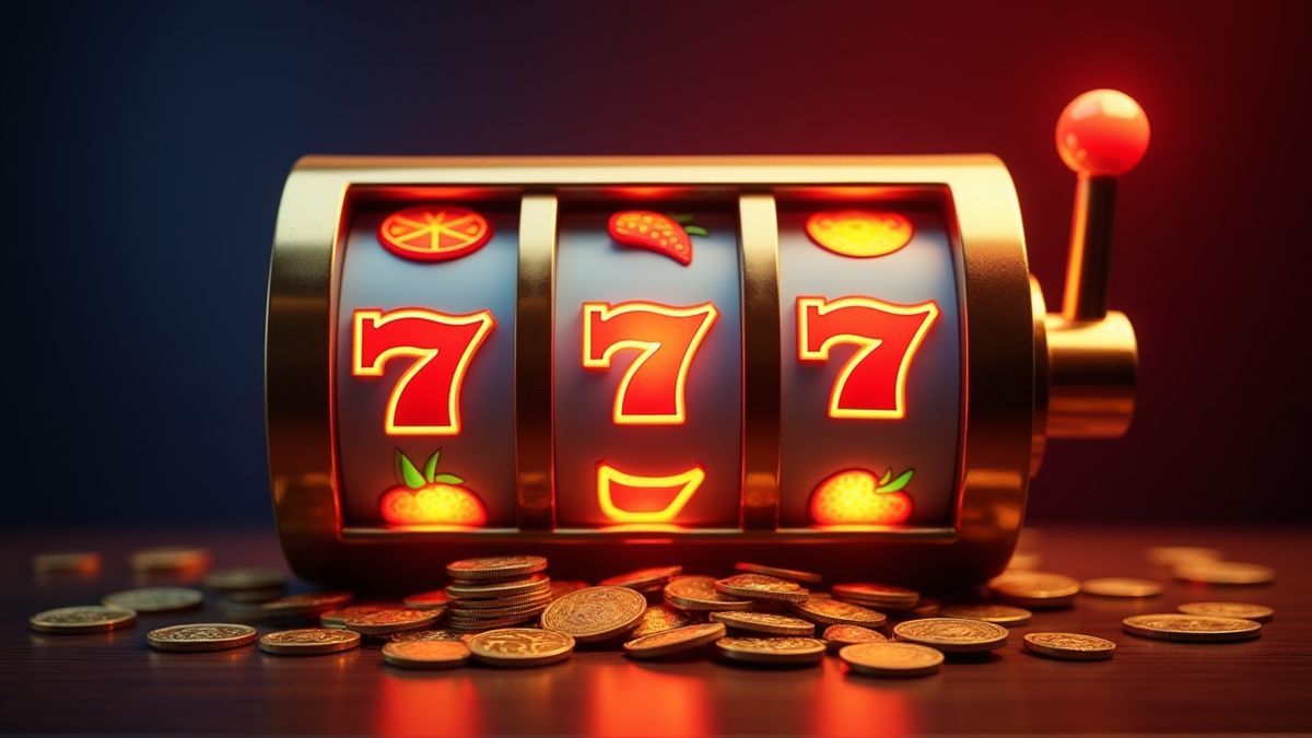 Retro-Spielautomat mit leuchtenden Fruchtsymbolen und auslaufenden Münzen.