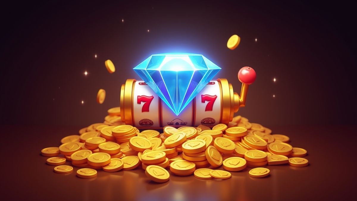 Diamantjackpot umgeben von goldenen Münzen und einem leuchtenden Spielreel.