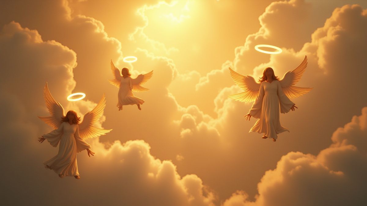 Goldene Heiligenscheine und engelartige Figuren, die zwischen den Wolken schweben.