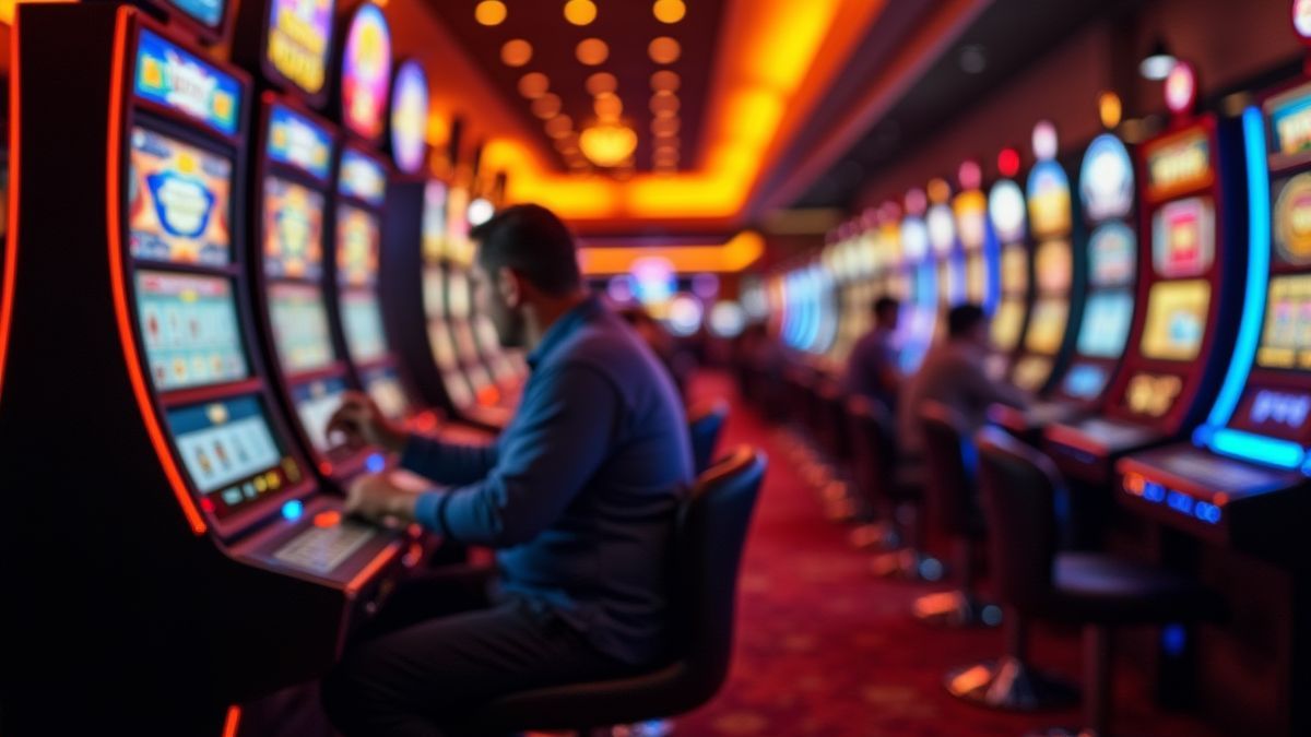 Gemütliche Casino-Umgebung mit Spielern, die Spielautomaten genießen.