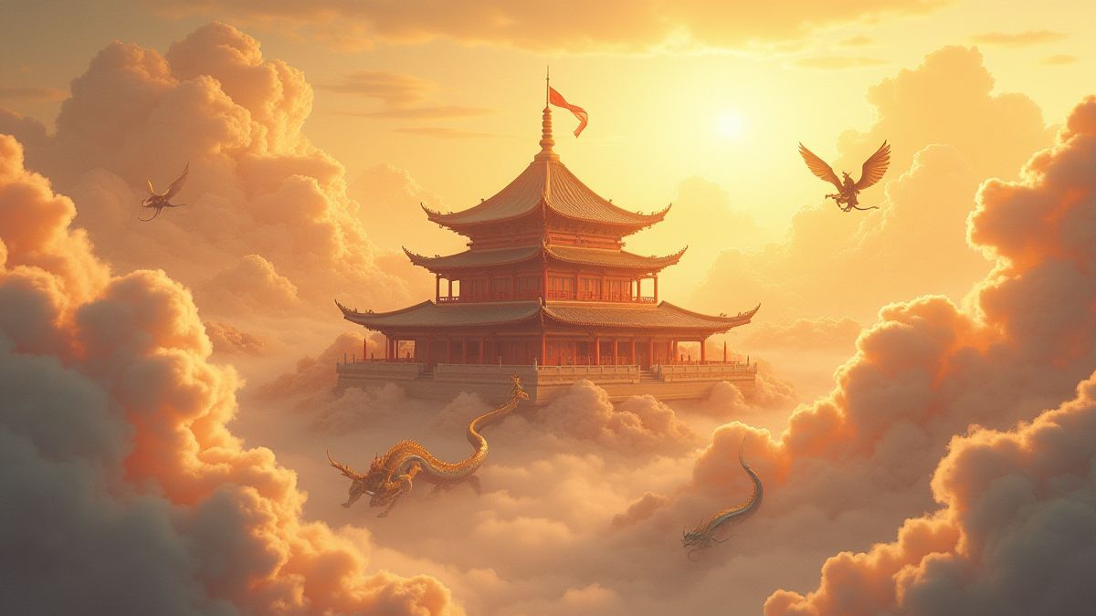 Un templo asiático rodeado de nubes doradas y criaturas míticas como dragones.