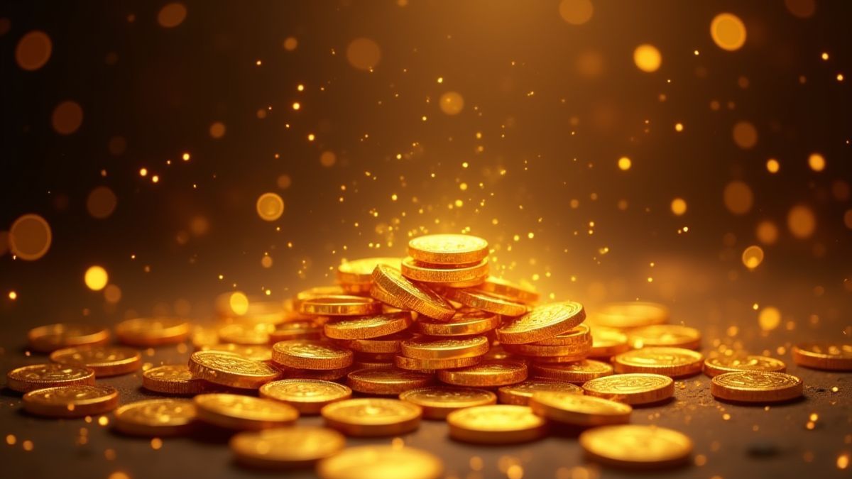 Monedas doradas y tesoros brillantes en un entorno místico asiático.
